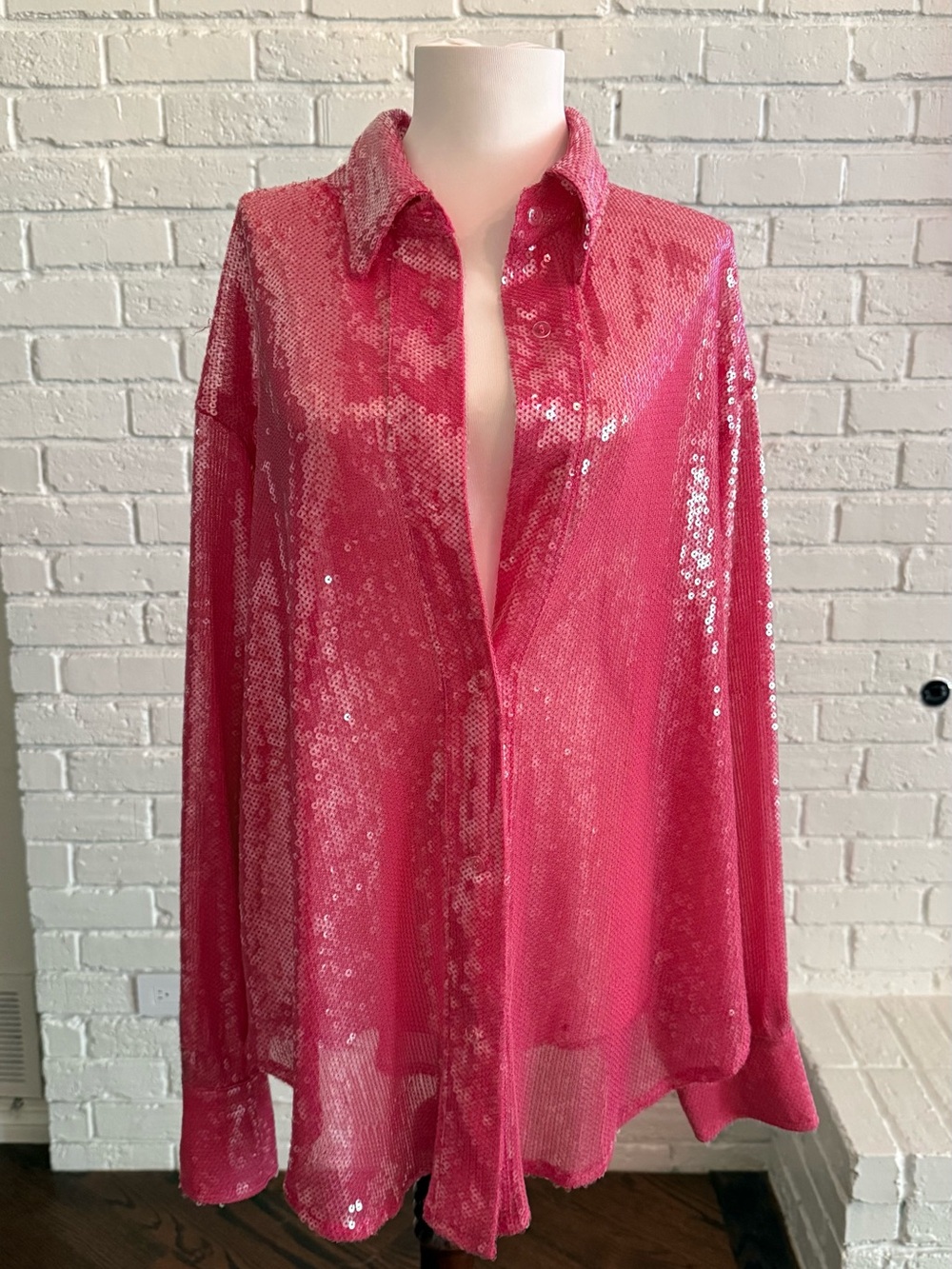 Pink Sequin Oversized Button-Down Shirt - Free People